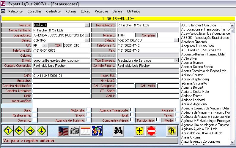 Nova tela de Cadastro de Fornecedores. Guias, motoristas, agências de transporte, etc. ficam agora todos agrupados nessa única tela.