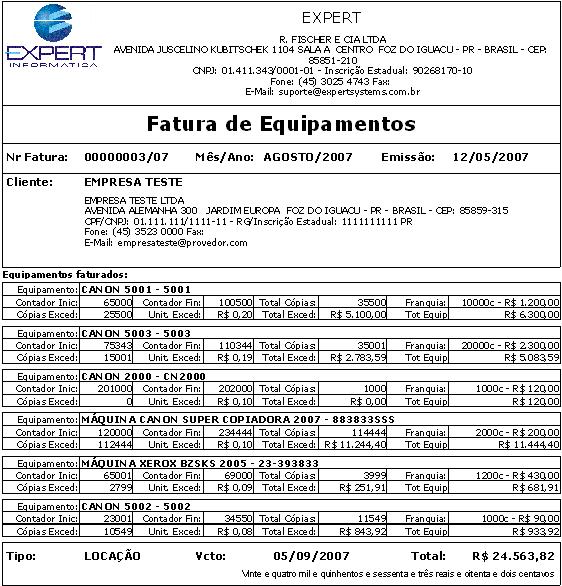 Fatura de locação e/ou assistência técnica.